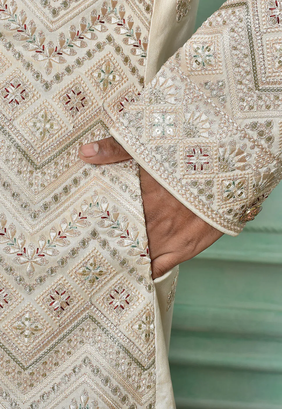 Embroidered Art Silk Sherwani in Light Peach