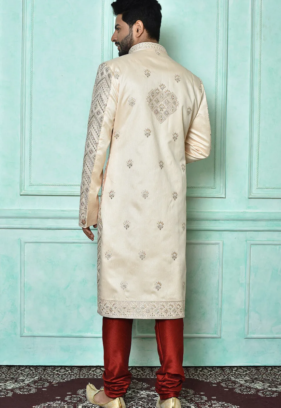 Embroidered Art Silk Sherwani in Light Peach