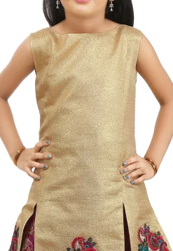 Embroidered Art Silk Shimmer Jacket Style Lehenga in Golden