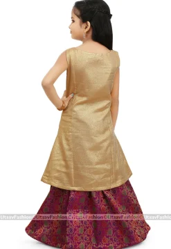Embroidered Art Silk Shimmer Jacket Style Lehenga in Golden