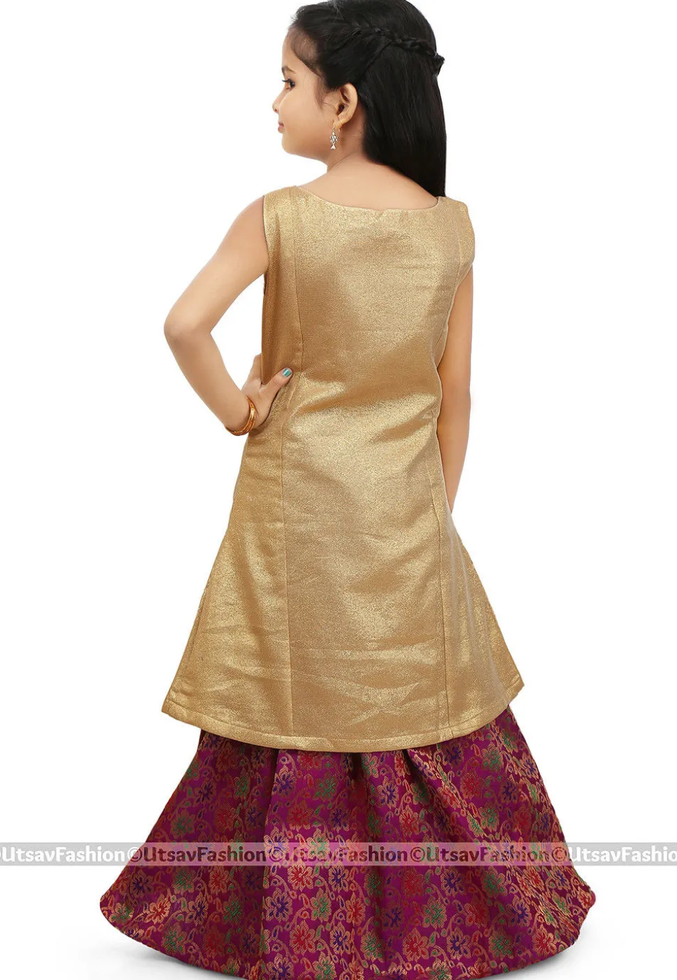 Embroidered Art Silk Shimmer Jacket Style Lehenga in Golden