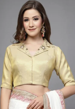 Embroidered Art Silk Shimmer Back Cut Out Blouse in Light Beige