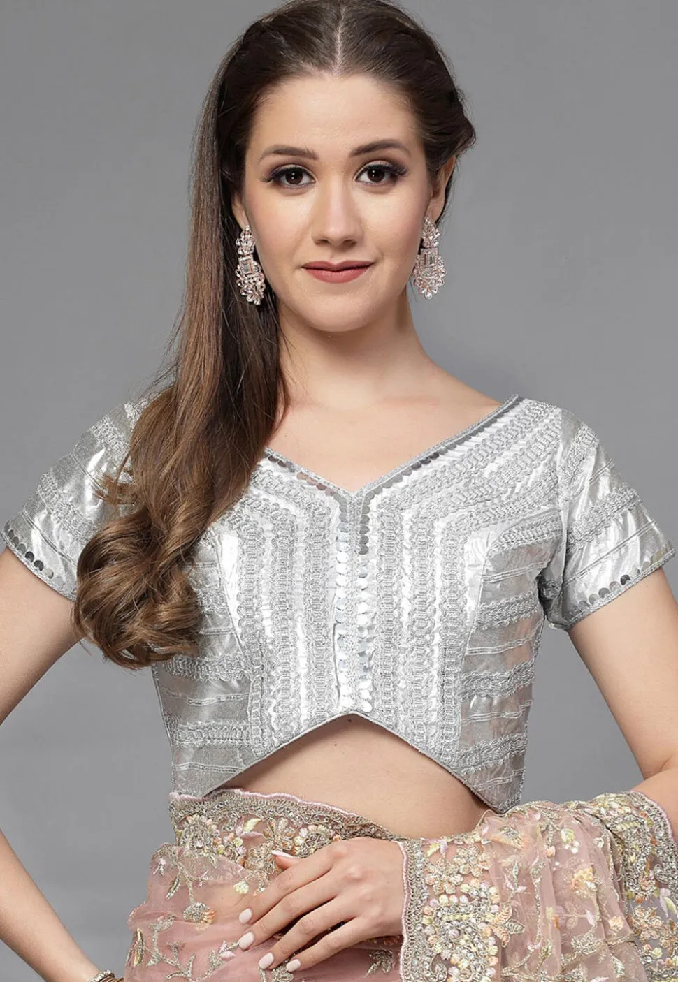 Embroidered Art Silk Shimmer Blouse in Grey