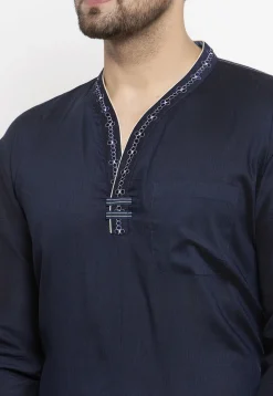Embroidered Art Silk Short Kurta in Navy Blue