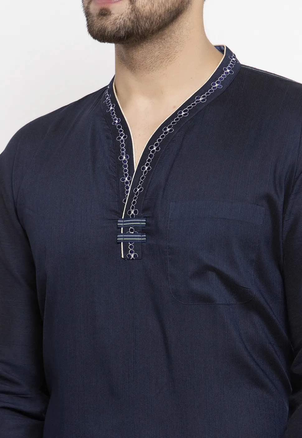 Embroidered Art Silk Short Kurta in Navy Blue