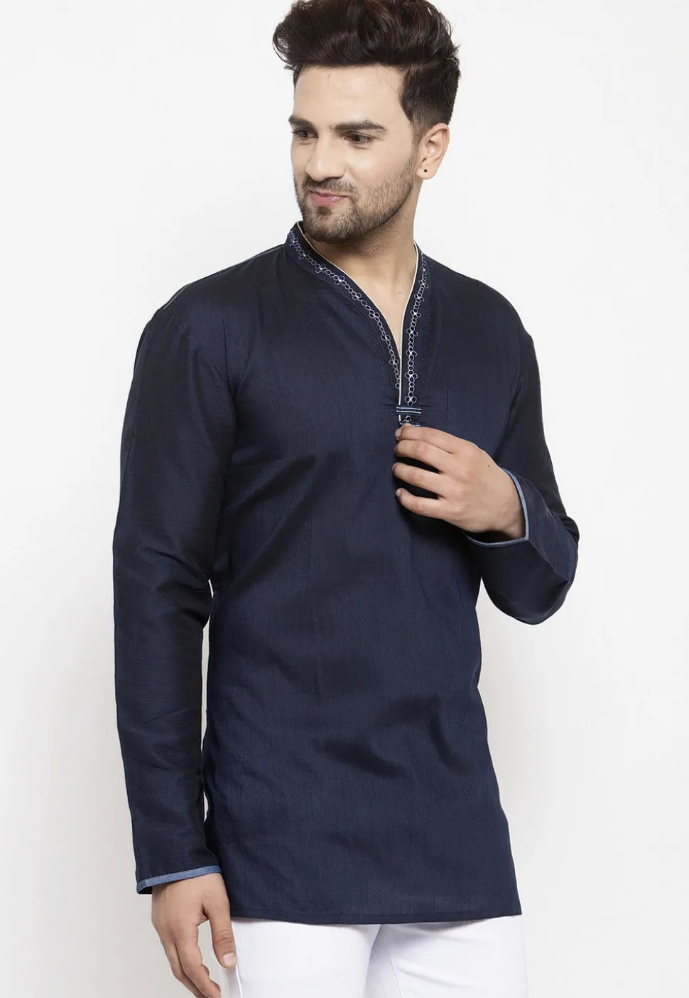 Embroidered Art Silk Short Kurta in Navy Blue