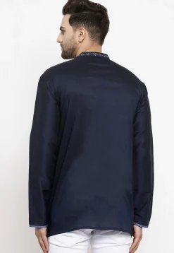 Embroidered Art Silk Short Kurta in Navy Blue