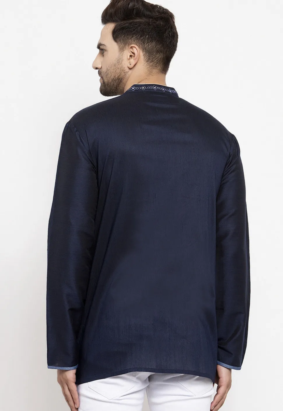 Embroidered Art Silk Short Kurta in Navy Blue
