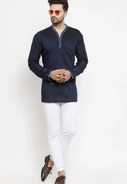 Embroidered Art Silk Short Kurta in Navy Blue