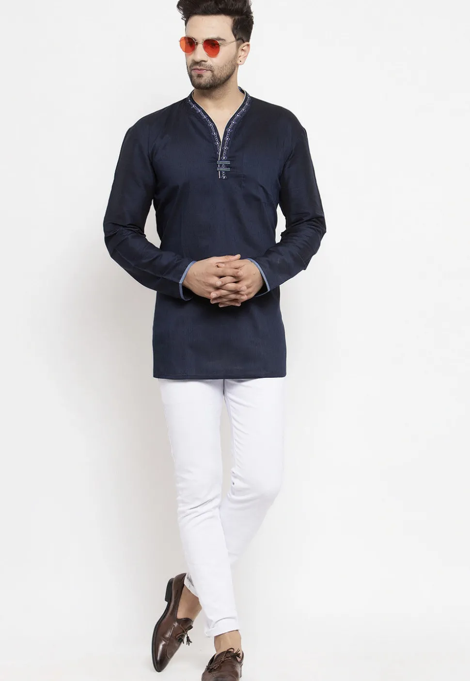 Embroidered Art Silk Short Kurta in Navy Blue