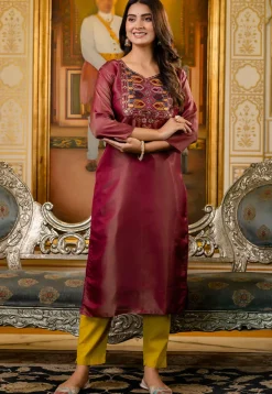 Embroidered Art Silk Straight Kurta in Maroon