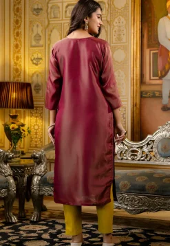 Embroidered Art Silk Straight Kurta in Maroon