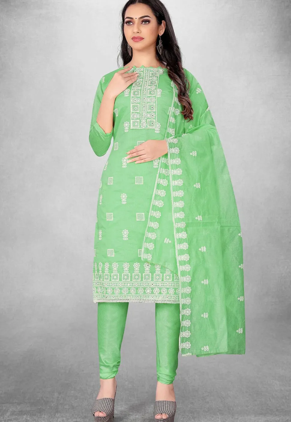 Embroidered Art Silk Straight Suit in Green