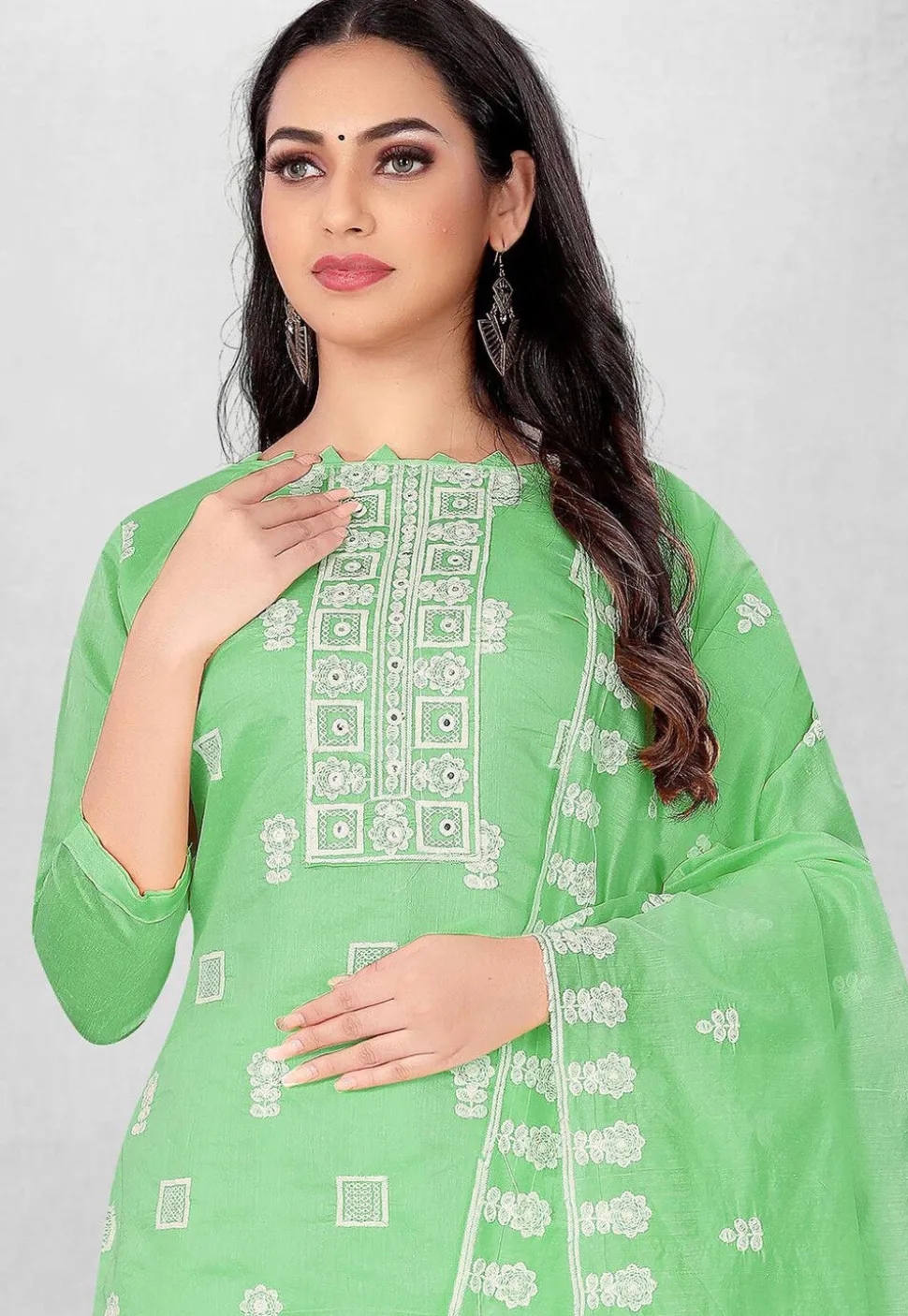 Embroidered Art Silk Straight Suit in Green