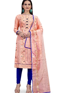 Embroidered Art Silk Straight Suit in Peach