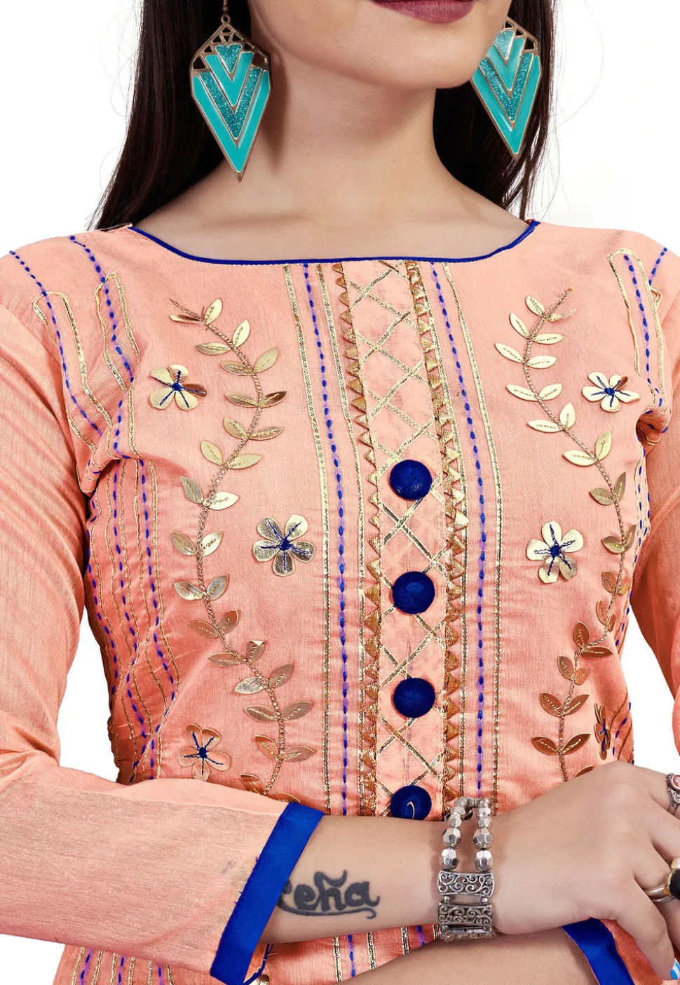 Embroidered Art Silk Straight Suit in Peach