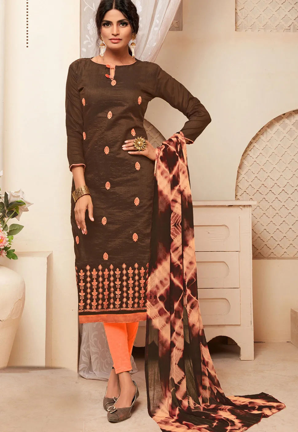 Embroidered Art Silk Straight Suit in Brown