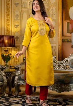 Embroidered Art Silk Straight Kurta in Yellow