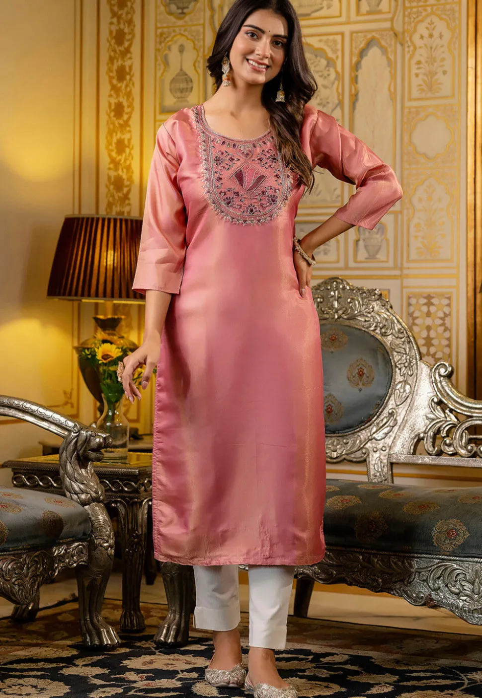 Embroidered Art Silk Straight Kurta in Pink