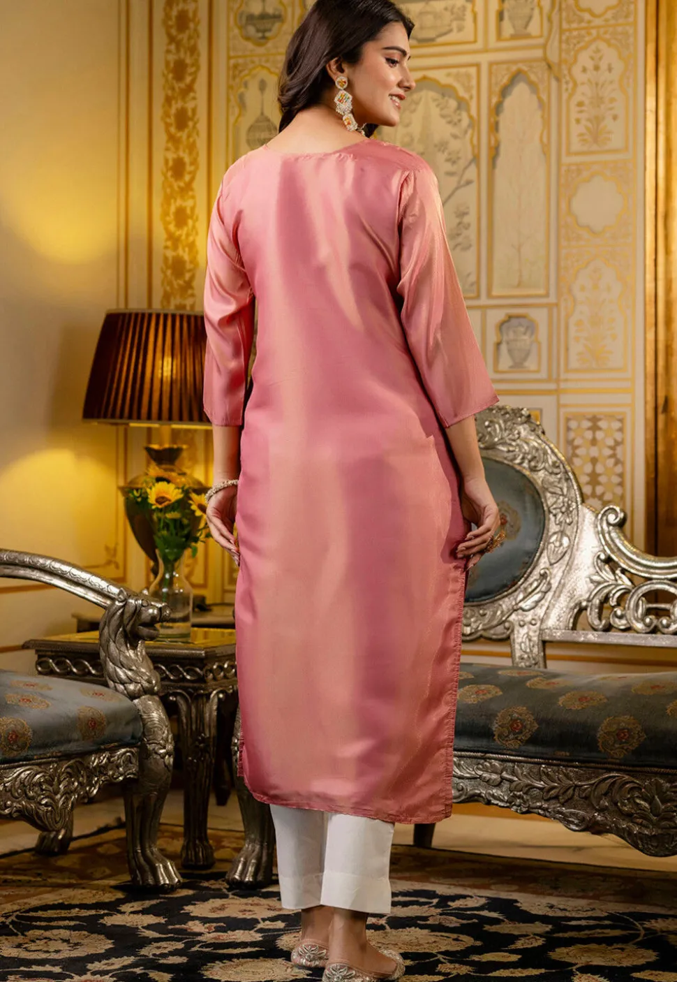 Embroidered Art Silk Straight Kurta in Pink