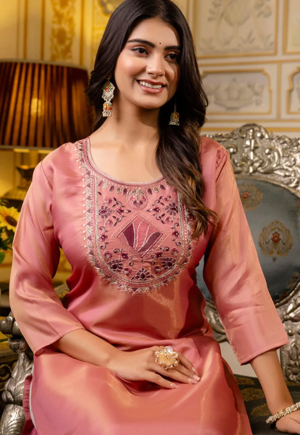 Embroidered Art Silk Straight Kurta in Pink