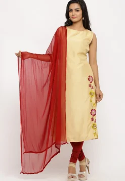 Embroidered Art Silk Straight Suit in Beige