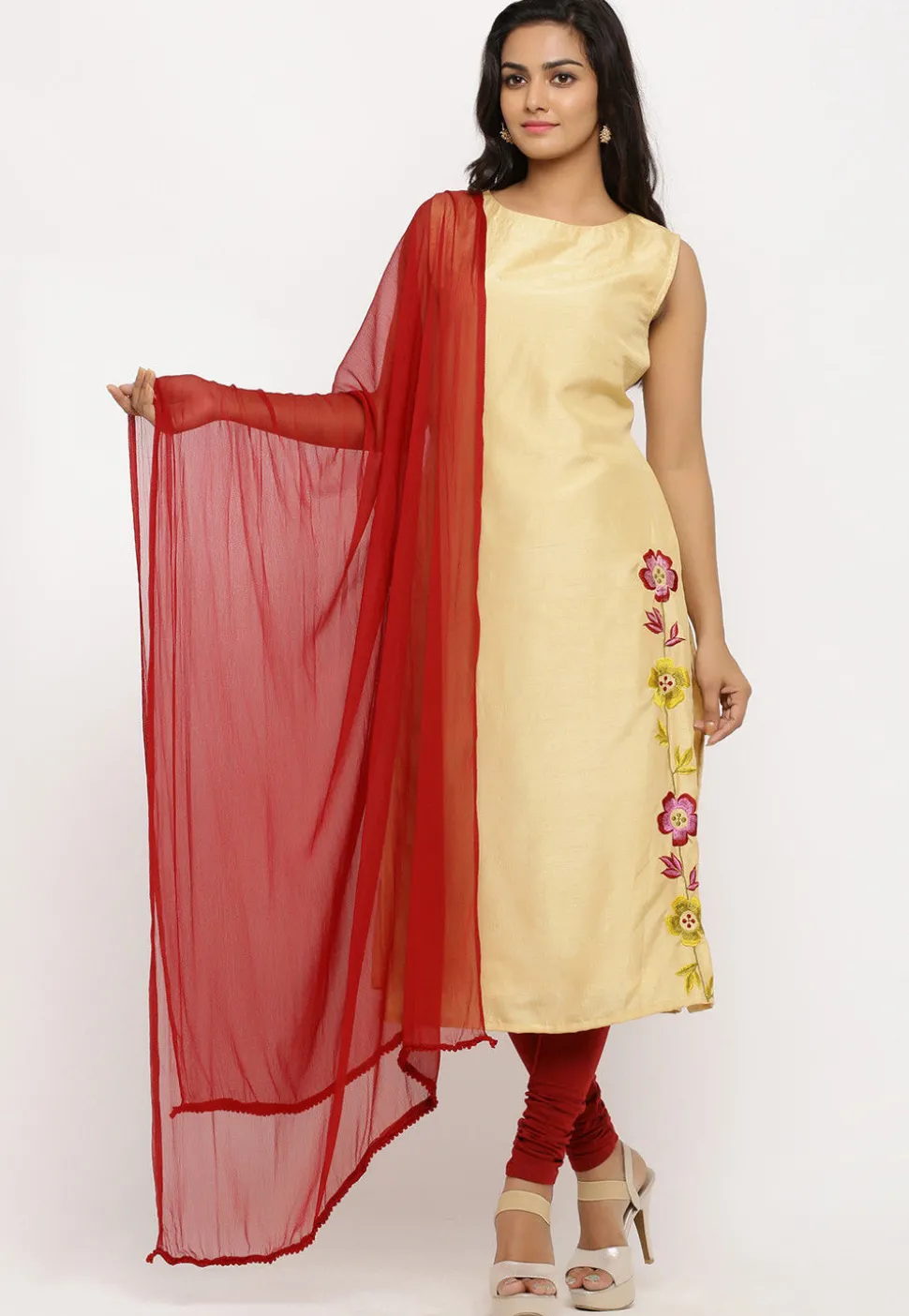 Embroidered Art Silk Straight Suit in Beige