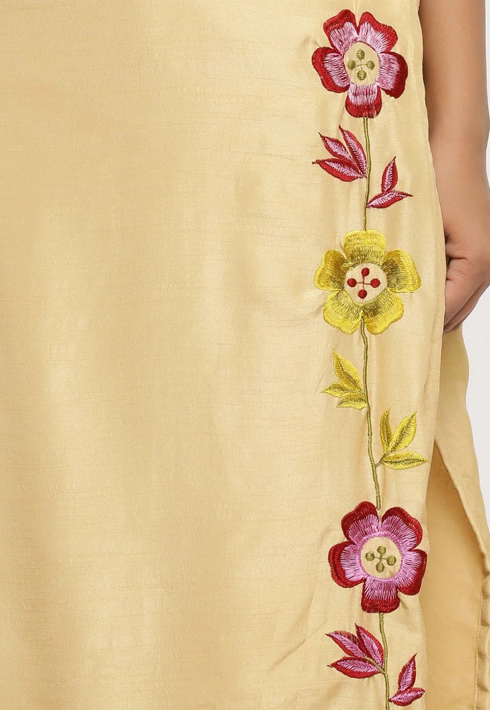 Embroidered Art Silk Straight Suit in Beige