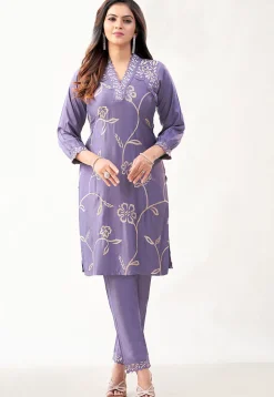 Embroidered Art Silk Straight Kurta Set in Purple