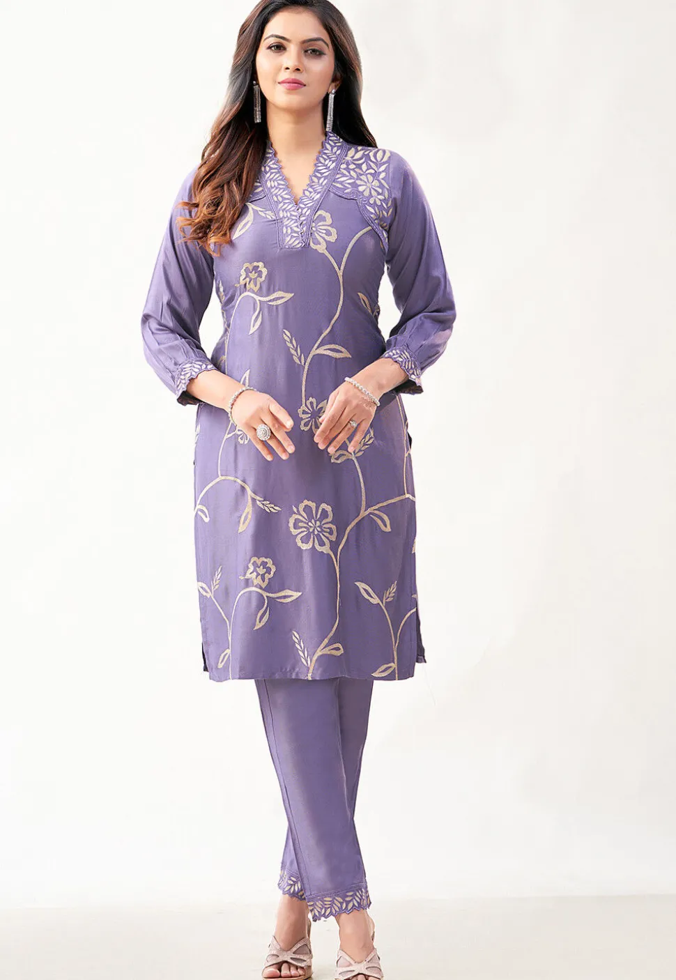 Embroidered Art Silk Straight Kurta Set in Purple
