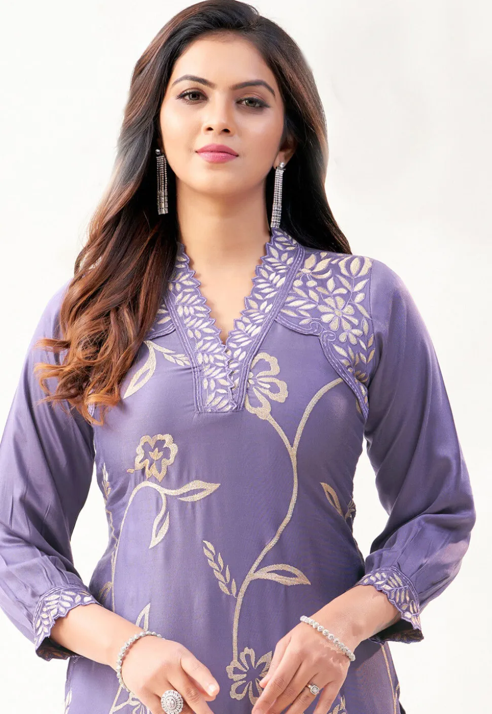 Embroidered Art Silk Straight Kurta Set in Purple