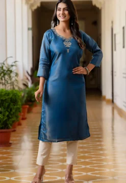 Embroidered Art Silk Straight Kurta in Teal Blue