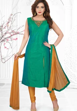 Embroidered Art Silk Straight Suit in Teal Green