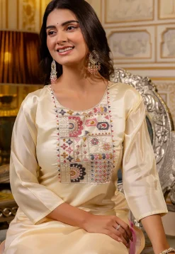 Embroidered Art Silk Straight Kurta in Cream