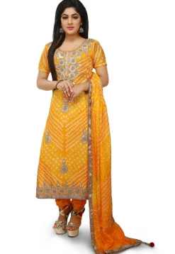 Embroidered Art Silk Straight Cut Suit in Mustard