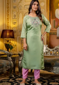 Embroidered Art Silk Straight Kurta in Light Green