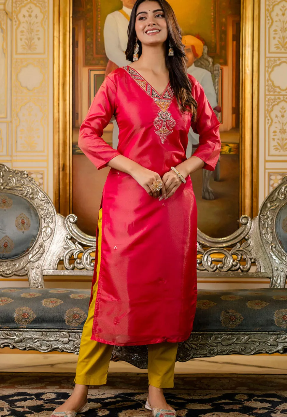 Embroidered Art Silk Straight Kurta in Red