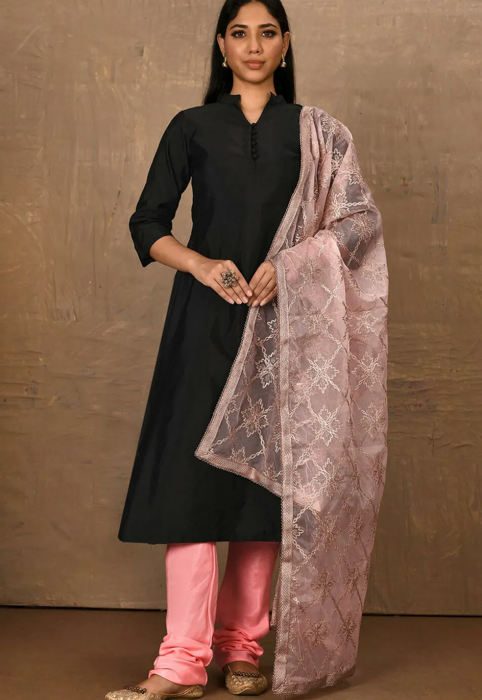Embroidered Art Silk Straight Suit in ?Black