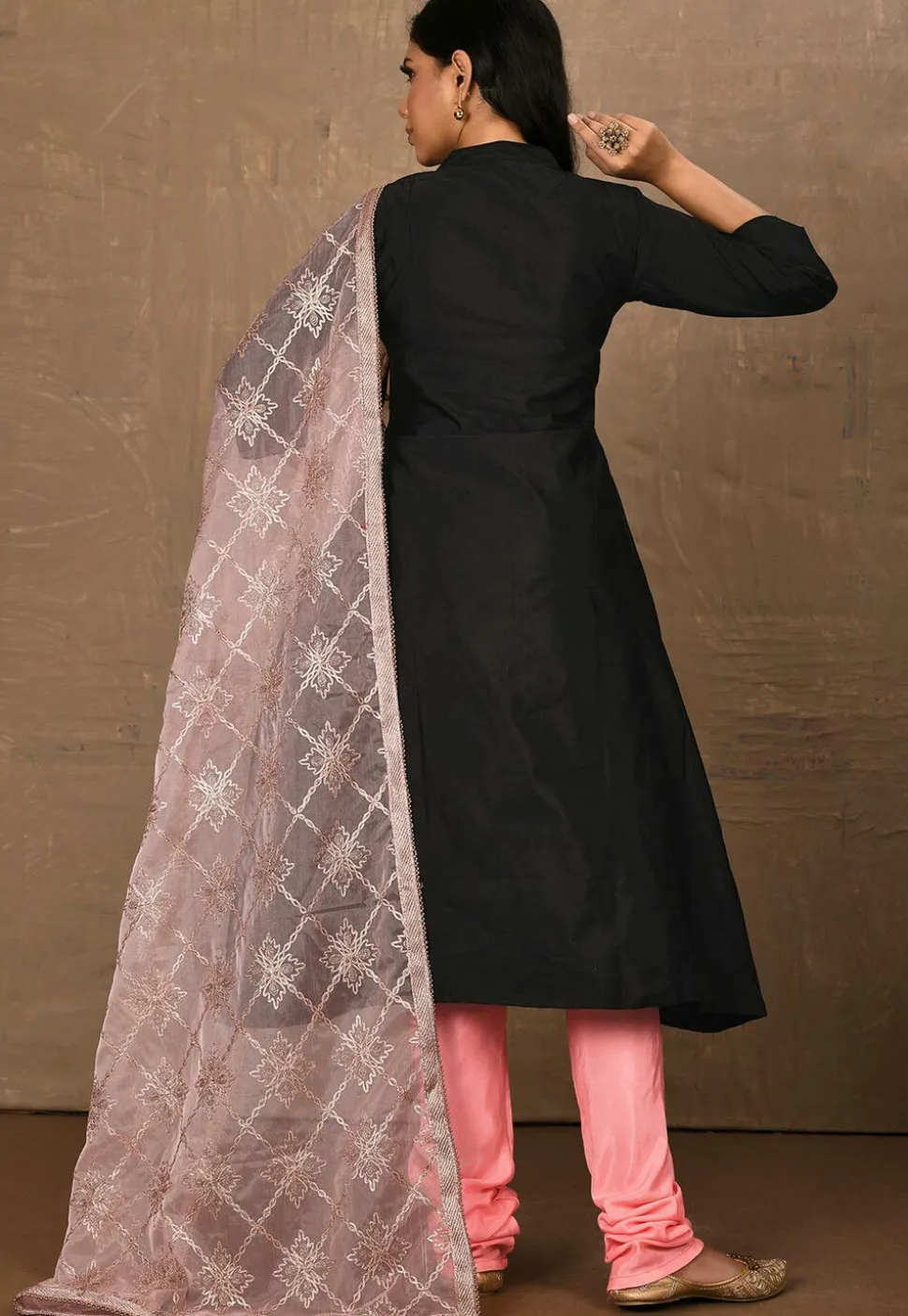 Embroidered Art Silk Straight Suit in ?Black