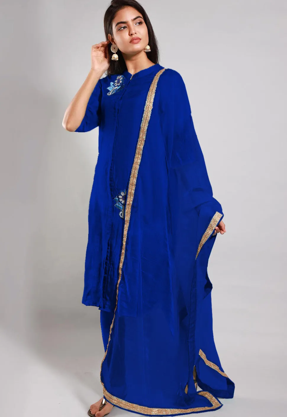 Embroidered Art Silk Straight Suit in Royal Blue