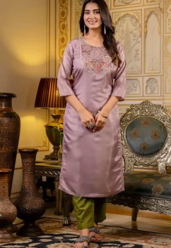Embroidered Art Silk Straight Kurta in Light Purple