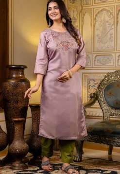 Embroidered Art Silk Straight Kurta in Light Purple