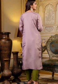 Embroidered Art Silk Straight Kurta in Light Purple