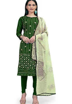 Embroidered Art Silk Straight Suit in Dark Green