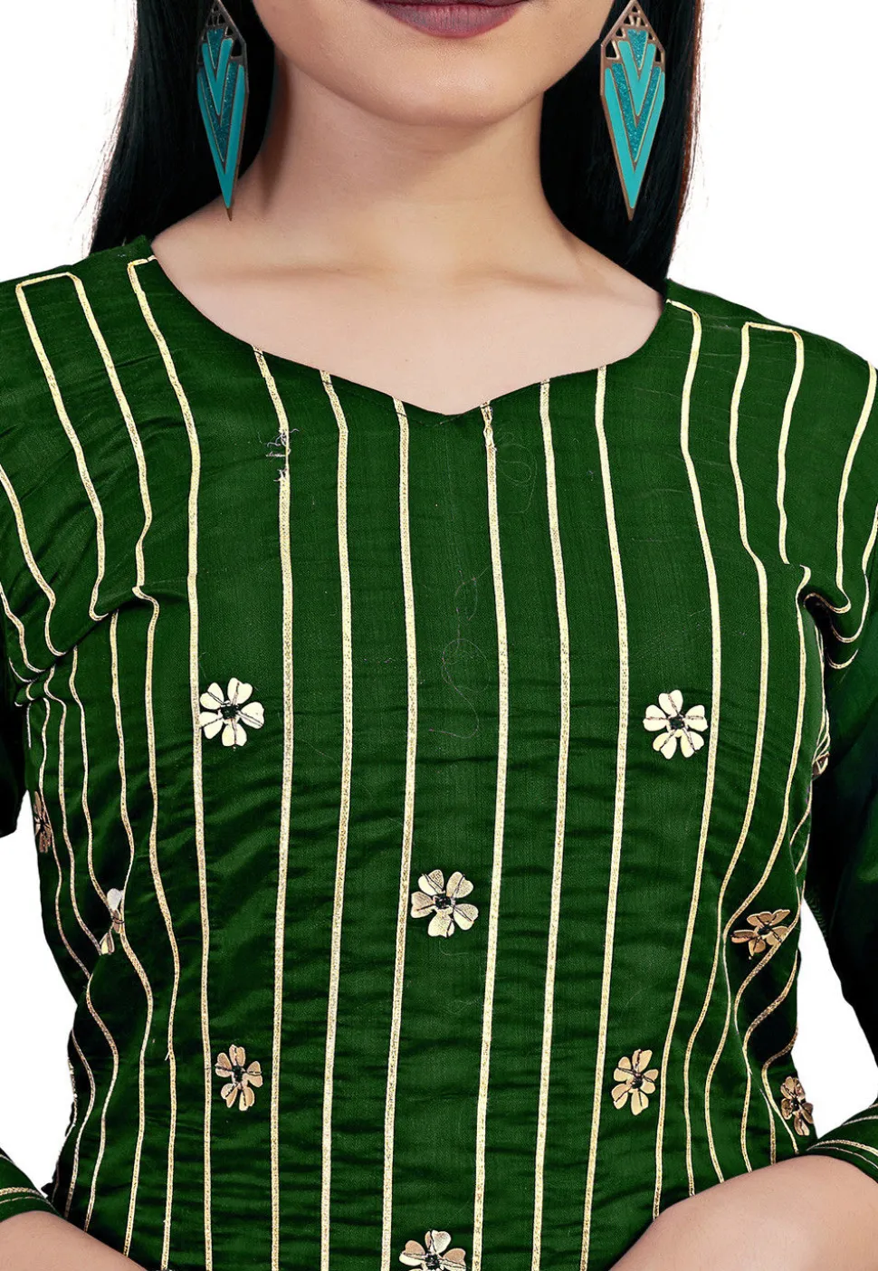 Embroidered Art Silk Straight Suit in Dark Green