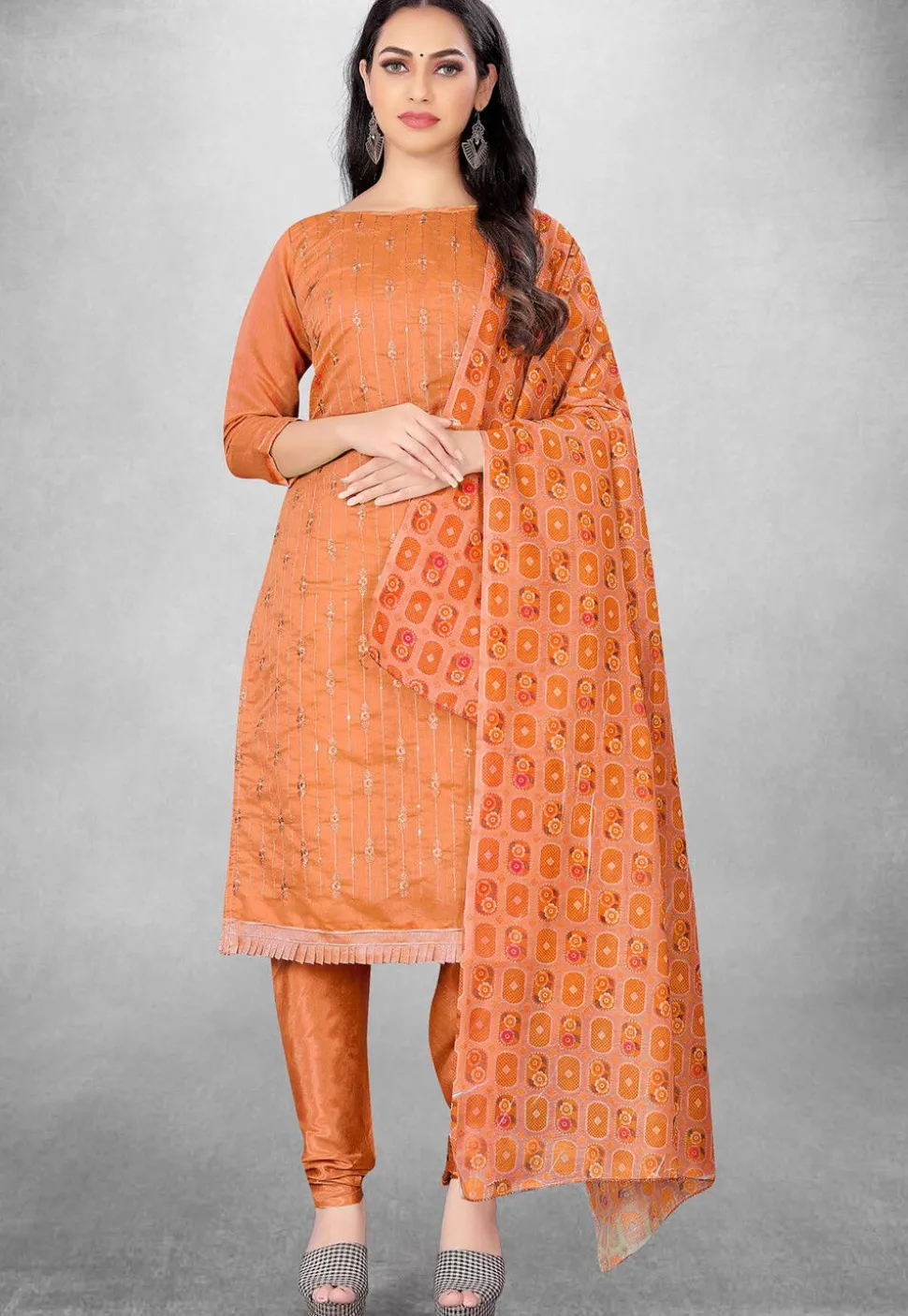 Embroidered Art Silk Straight Suit in Orange