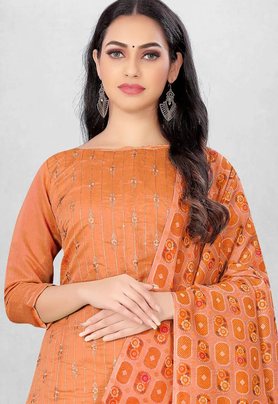 Embroidered Art Silk Straight Suit in Orange