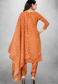 Embroidered Art Silk Straight Suit in Orange