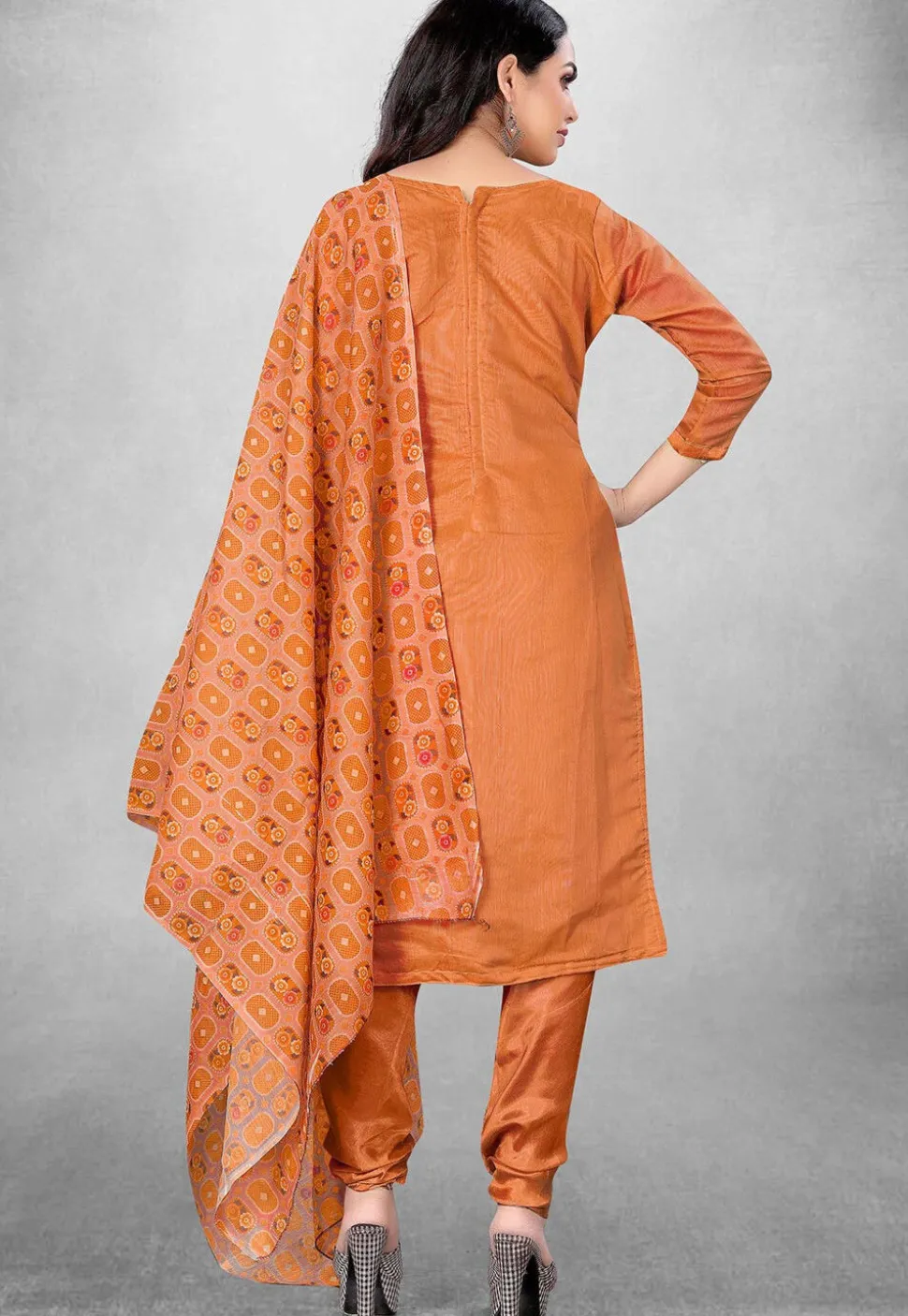 Embroidered Art Silk Straight Suit in Orange