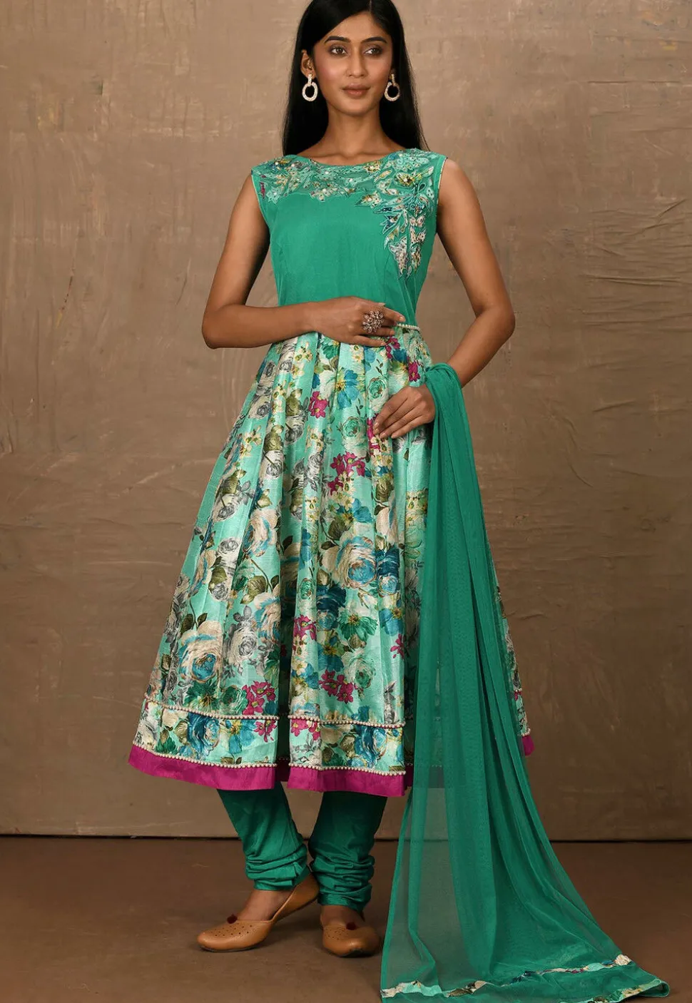 Embroidered Art Silk Straight Suit in Sea Green